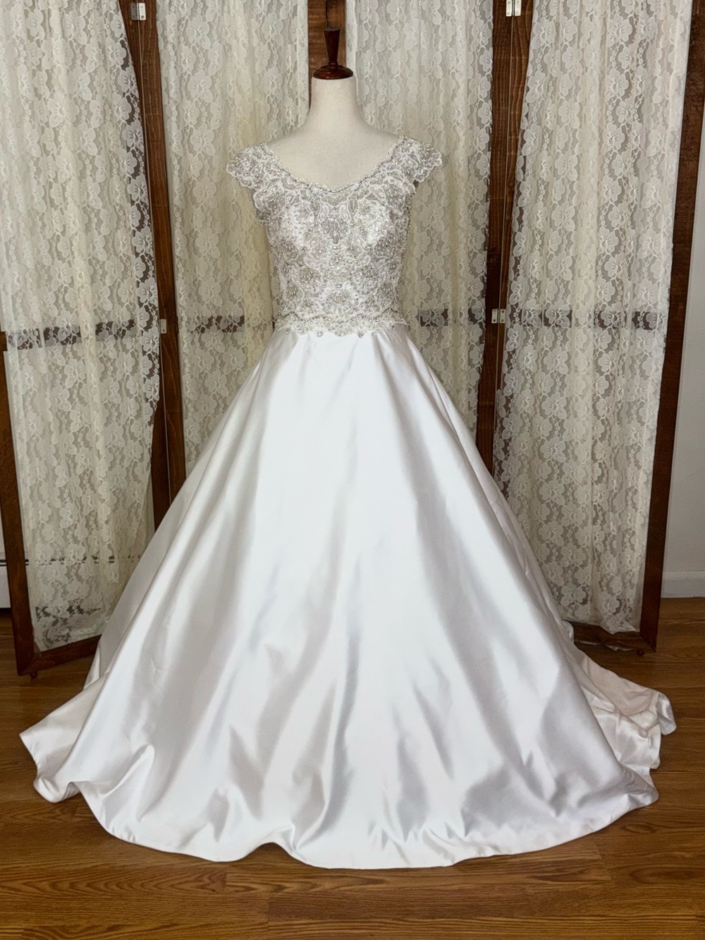Allure Bridals White Satin Ball Gown with Beaded Lace Bodice